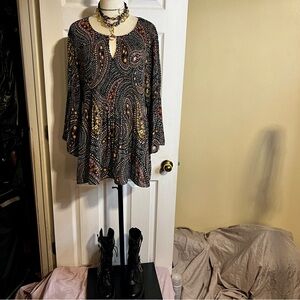Elle Wms Paisley Floral Pleated Boho Hippie Festival Tunic Mini Dress/Top 2X